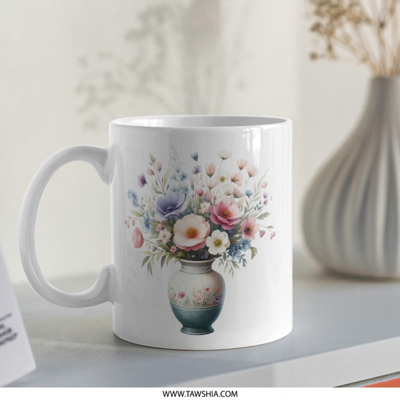 Floral Bouquet Mug, Flower Vase Coffee Mug, Watercolor Art Mug, Pretty Flower Mug, Unique Mug Gift, Floral Gift for Her (135 characters) - Tawshia