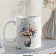 Floral Bouquet Mug, Flower Vase Coffee Mug, Watercolor Art Mug, Pretty Flower Mug, Unique Mug Gift, Floral Gift for Her (135 characters) - Tawshia