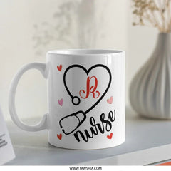 Nurse Mug Gift, Personalized Initial Stethoscope Heart Coffee Mug, Medical Profession Mug, Thank You Gift, RN Mug, Nursing Student Gift - Tawshia