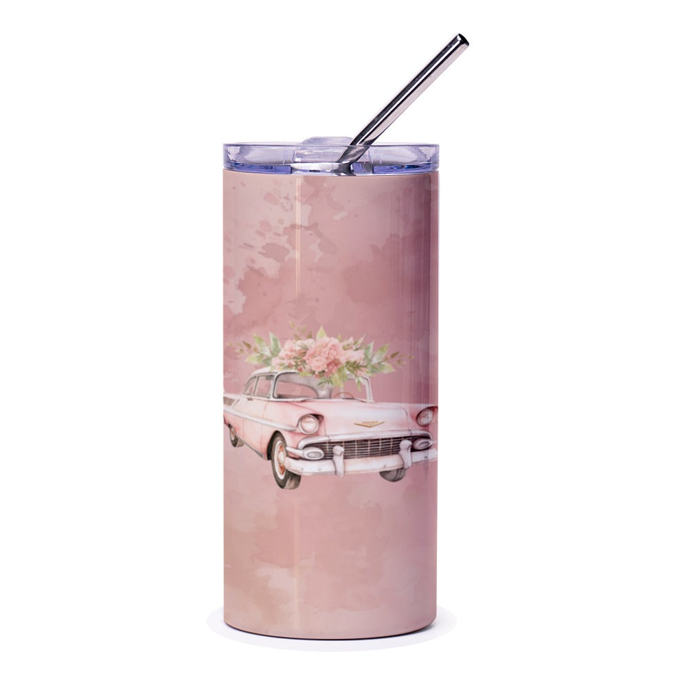 Pink Classic Car Tumbler, Floral Car Tumbler, Vintage Car Tumbler, Aesthetic Tumbler, Gift For Car Lover, Unique Tumbler Design - Tawshia