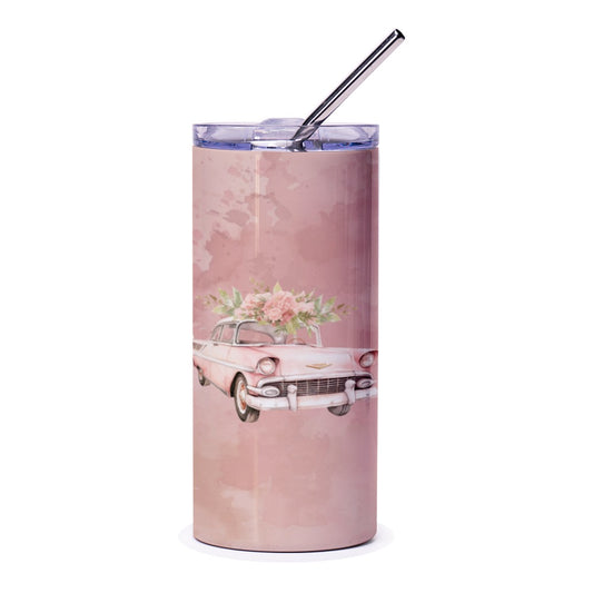 Pink Classic Car Tumbler, Floral Car Tumbler, Vintage Car Tumbler, Aesthetic Tumbler, Gift For Car Lover, Unique Tumbler Design - Tawshia