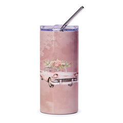 Pink Classic Car Tumbler, Floral Car Tumbler, Vintage Car Tumbler, Aesthetic Tumbler, Gift For Car Lover, Unique Tumbler Design - Tawshia