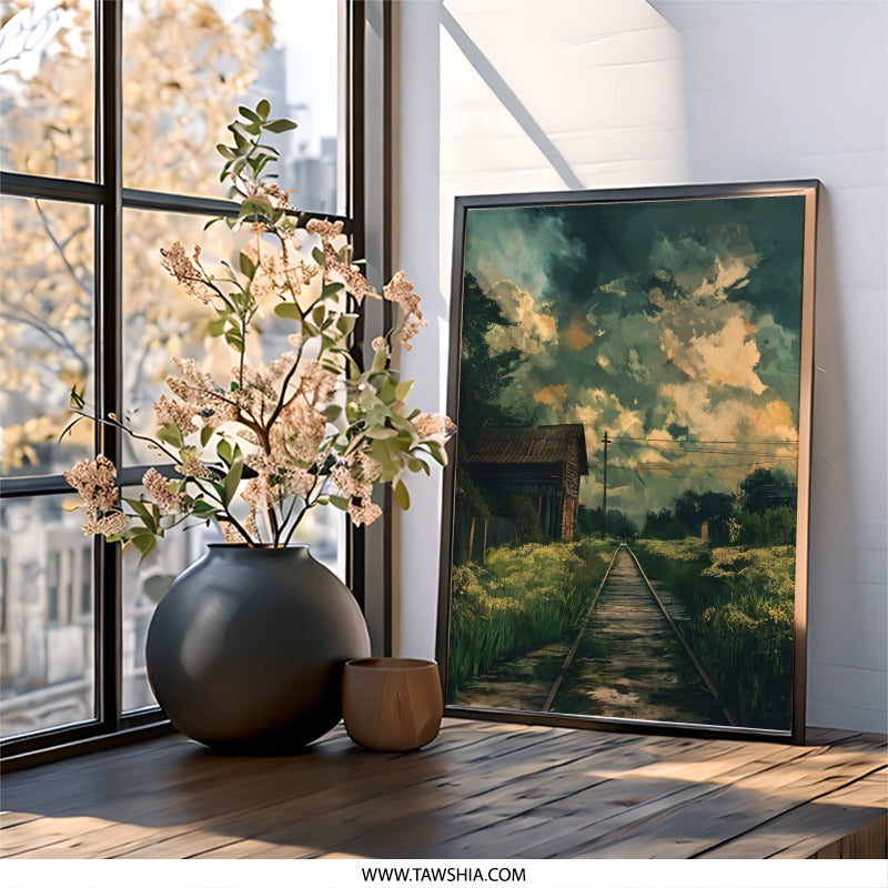 Rustic Railroad Wall Art, Countryside Scenery, Farmhouse Decor, Dramatic Sky Painting, Abandoned Barn Wall Decor, Moody Landscape Wall Art - Tawshia