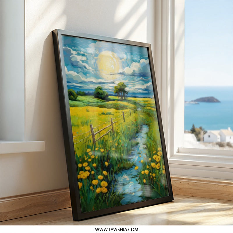 Yellow Meadow Wall Art, Sunny Landscape Decor, Floral Field Art, Vibrant Flower Print, Summer Meadow Painting, Countryside Scene Artwork - Tawshia