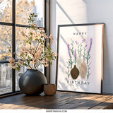 Happy Birthday Lavender Wall Art, Floral Print, Birthday Gift, Minimalist Decor, Flower Illustration, Botanical Art, Vases Wall Decor - Tawshia