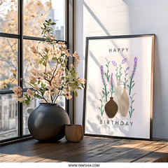 Happy Birthday Lavender Wall Art, Floral Print, Birthday Gift, Minimalist Decor, Flower Illustration, Botanical Art, Vases Wall Decor - Tawshia