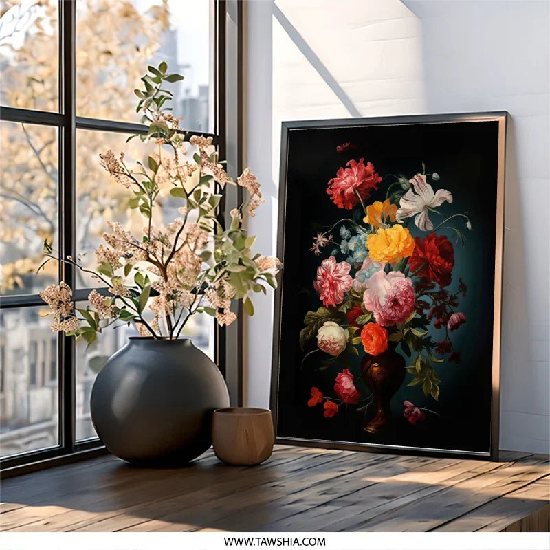 Floral Wall Art, Flower Bouquet Print, Still Life Art, Elegant Home Decor, Classic Painting, Botanical Art, Vase Arrangement Art - Tawshia