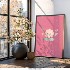 Cute Flower Framed Wall Art, Pink Heart Decor, Kids Room Art, Nursery Art, Floral Wall Decor, Kawaii Art Print, Whimsical Art, Gift Idea - Tawshia