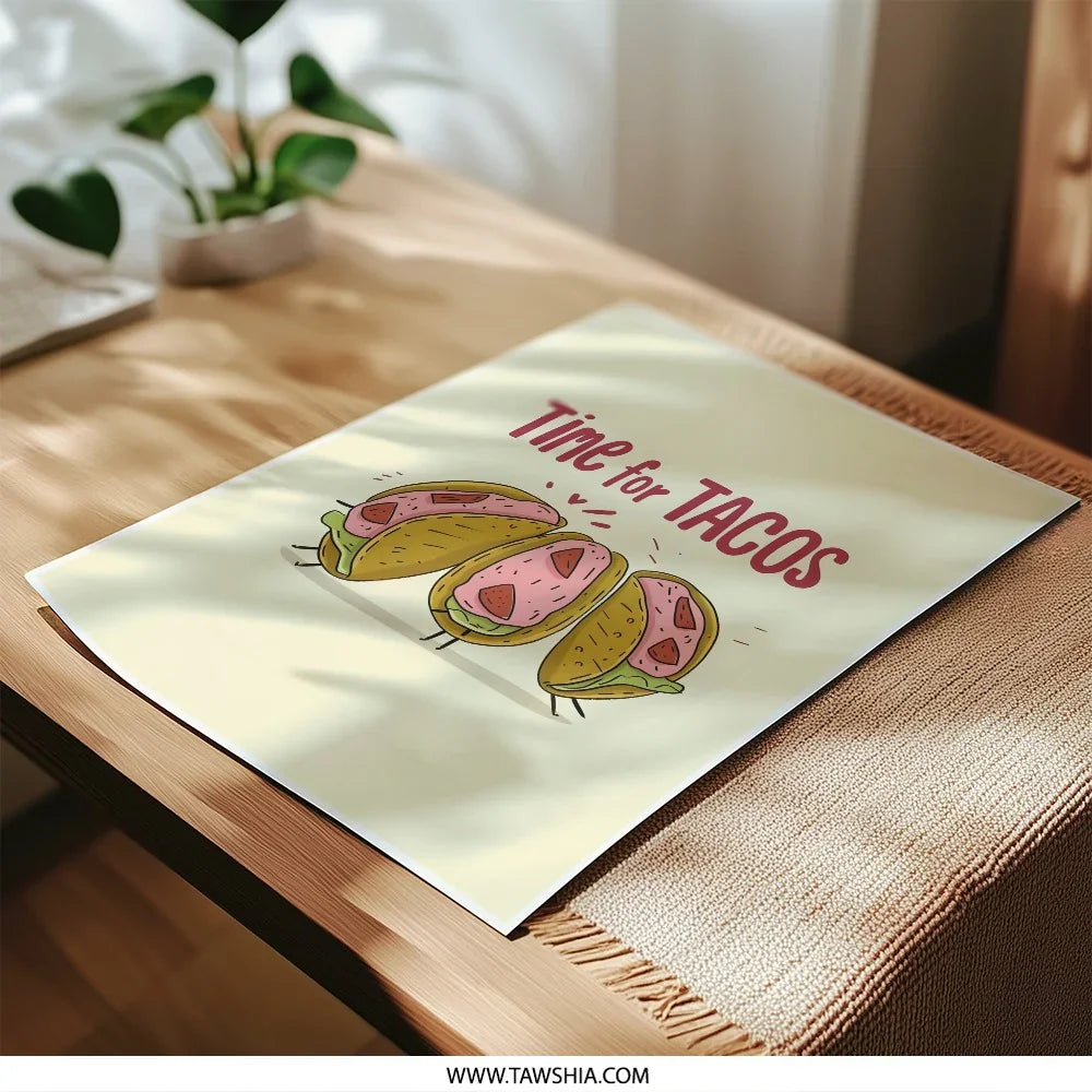 Time for Tacos Photographic Print, Funny Food Art, Taco Lover Gift, Kitchen Wall Decor, Cute Food Illustration Print, Mexican Food Art - Tawshia