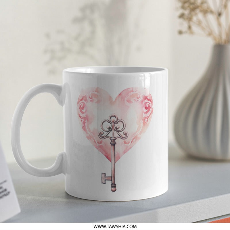 Heart and Key Mug, Romantic Gift Idea, Valentine's Day Mug, Unique Coffee Mug, Special Occasion Present, Elegant Design Cup - Tawshia