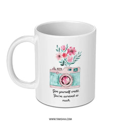 Floral Camera Mug, Give Yourself Credit, Watercolor Design Coffee Cup, Motivational Quote Mug, Unique Gift Idea, Cute Mug, Etsy Bestseller - Tawshia