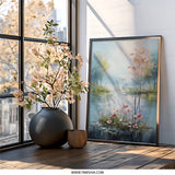 Floral Lake Wall Art, Serene Landscape Painting Print, Peaceful Nature Artwork, Riverbank Blossoms Decor, Calming Home Wall Decor - Tawshia