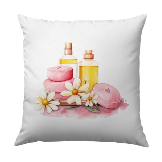 Spa Day Pillow, Relaxing Scene Cushion, Soap Bottles and Flowers, Home Decor Accent Pillow, Watercolor Design Throw Pillow - Tawshia