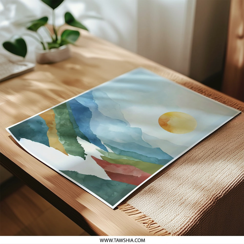 Watercolor Mountain Photographic Print, Sunset Landscape Art, Nature Home Decor, Modern Wall Art, Abstract Scenery Print - Tawshia