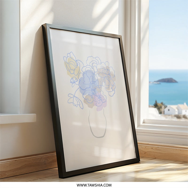 Abstract Floral Wall Art, Pastel Flower Print, Minimalist Vase Art, Modern Home Decor, Line Art Flowers, Trendy Wall Hanging - Tawshia