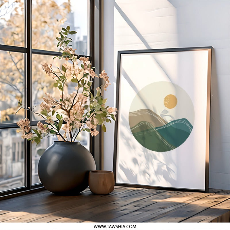Minimalist Landscape Wall Art, Mountain Sun Print, Neutral Tone Decor, Boho Home Wall Decor, Modern Art Print - Tawshia