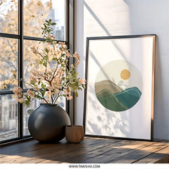 Minimalist Landscape Wall Art, Mountain Sun Print, Neutral Tone Decor, Boho Home Wall Decor, Modern Art Print - Tawshia