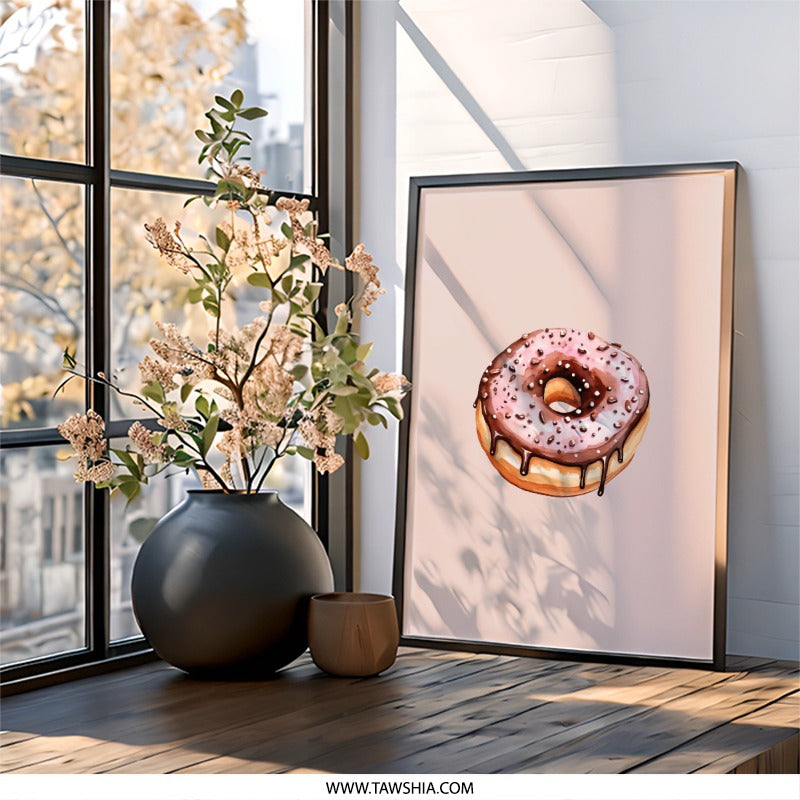 Donut Wall Art, Pink Glaze, Chocolate Drip, Sprinkle Art, Sweet Treat Decor, Food Illustration, Kitchen Art Print - Tawshia