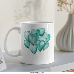 Teal Heart Balloons Mug, Watercolor Balloons, Celebration Drinkware, Anniversary Gift, Heart Mug, Romantic Gift Mug, Party Favor Mug - Tawshia