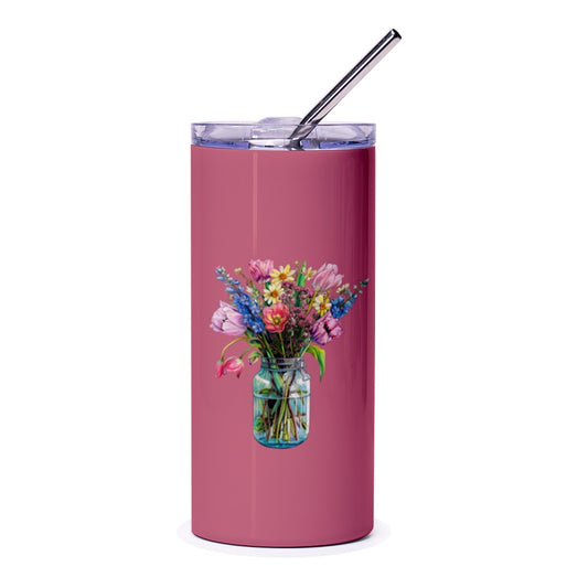 Floral Bouquet Tumbler, Mason Jar Flowers Cup, Spring Flower Tumbler, Tumbler with Straw, Colorful Flowers Design - Tawshia