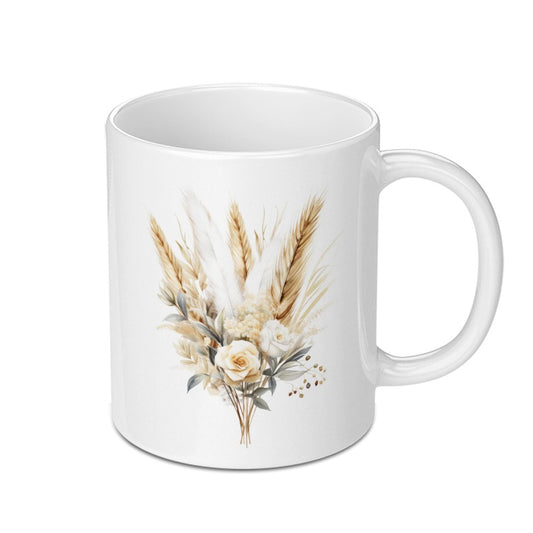 Floral Mug, Boho Mug, White Roses Mug, Wheat Grass Mug, Aesthetic Mug, Coffee Mug, Tea Mug, Gift Mug - Tawshia