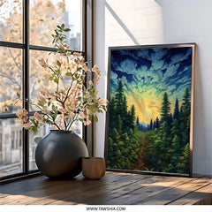 Forest Wall Art, Cannabis Field Art, Landscape Print, Nature Painting, Sunset Scene Decor, Trees Wall Decor, Pathway Art, Cloudscape - Tawshia