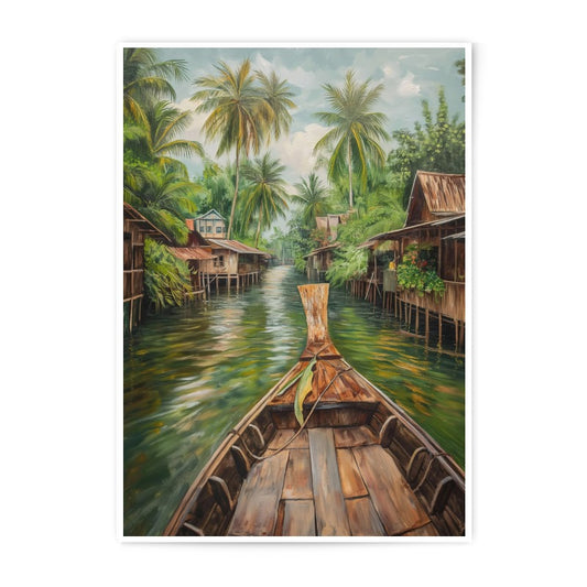 Tropical Canal Photographic Print, Thailand Boat Art, River Houses Decor, Exotic Travel Photo, Southeast Asia Scenery - Tawshia