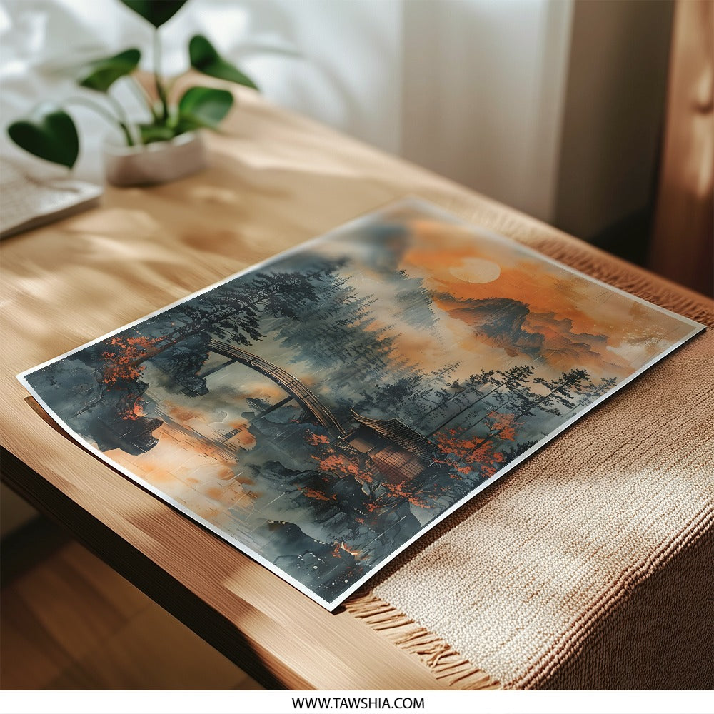 Japanese Landscape Photographic Print, Oriental Art, Mountain Scene, House on Lake, Forest Print, Wall Art, Home Decor, Nature Print - Tawshia