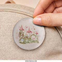 Fairy Castle Pinback Button, Magical Kingdom, Mushroom House, Fantasy Art Badge, Whimsical Garden, Pink Floral Decor, Cute Aesthetic - Tawshia