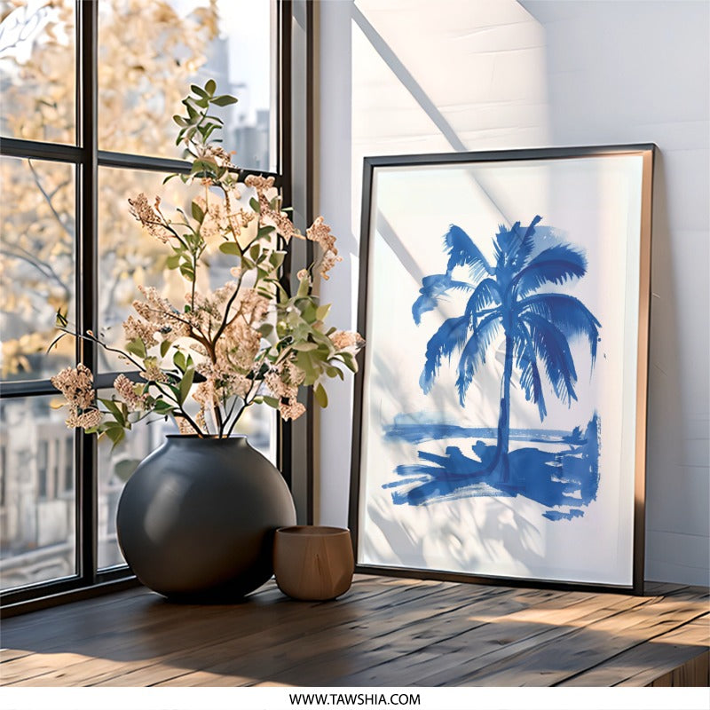 Blue Palm Tree Wall Art, Coastal Decor, Beach House Print, Indigo Painting, Tropical Art Print, Summer Vibes Wall Decor - Tawshia