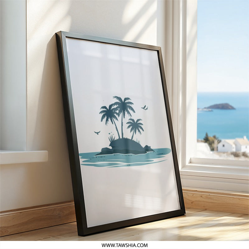 Tropical Island Wall Art, Minimalist Palm Tree Print, Coastal Home Decor, Ocean View Artwork, Beach Theme Art, Summer Vibes Decoration - Tawshia