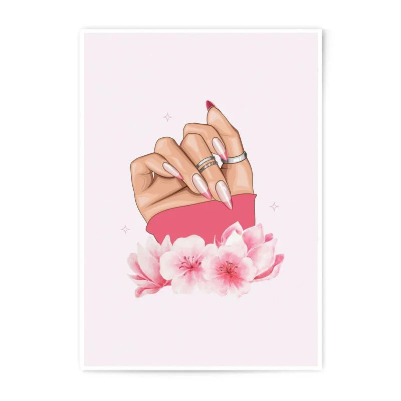 Nail Art Photographic Print, Pink Flowers, Fashion Print, Modern Art, Glam Decor, Stylish Illustration, Nail Salon Art, Hand Model Art - Tawshia