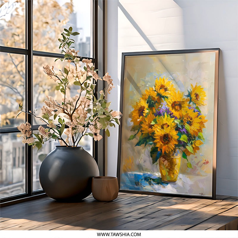 Sunflower Wall Art, Floral Painting Print, Still Life Art, Rustic Decor, Yellow Flower Art, Home Decor Wall Art, Sunflowers Bouquet - Tawshia