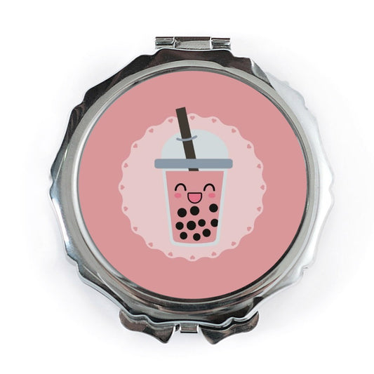 Cute Bubble Tea Pocket Mirror, Kawaii Boba Milk Tea Compact Mirror, Pink Drink Gift, Foodie Accessory, Purse Mirror - Tawshia