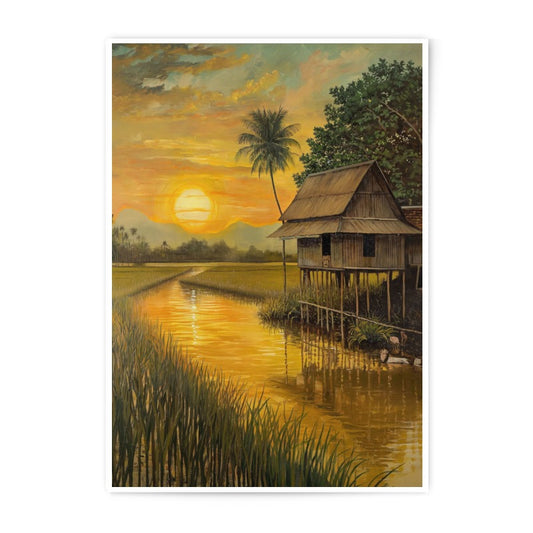 Golden Rice Field Photographic Print, Tropical Sunset Art, Asian Landscape Photo, Traditional Hut Wall Decor, Travel Photography Print - Tawshia