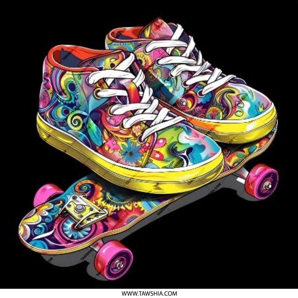 Psychedelic Skate Shoes Pinback Button, Vibrant Sneakers on Skateboard, Colorful Accessory, Retro Style Pin Badge, Trendy Design - Tawshia