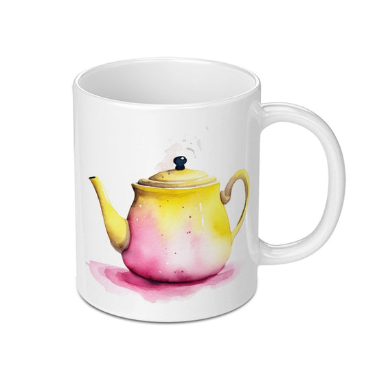 Watercolor Teapot Mug, Pink and Yellow Teapot Coffee Mug, Tea Lover Gift, Kitchen Decor Mug, Cute Teapot Mug, Cozy Drinkware, Gift for Her - Tawshia