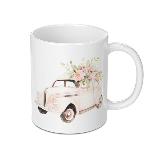 Pink Car Mug, Floral Car Mug, Vintage Car Mug, Flower Lover Gift, Car Enthusiast Mug, Watercolor Mug, Unique Coffee Mug, Gift Ideas - Tawshia