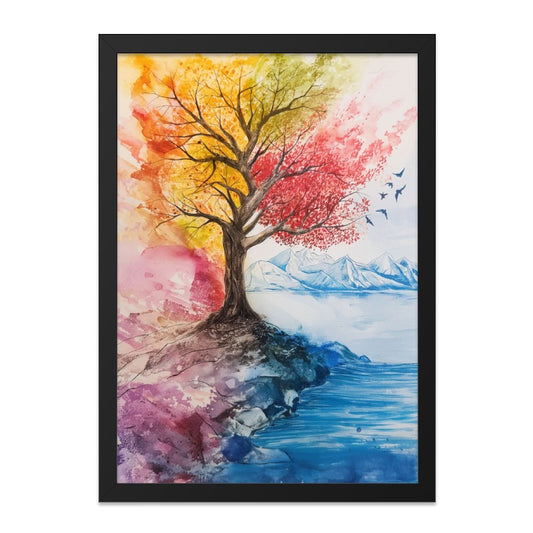Four Seasons Tree Wall Art, Watercolor Tree Art Print, Mountain Lake Painting, Nature Landscape Art, Home Decor Wall Hanging, Modern Art - Tawshia