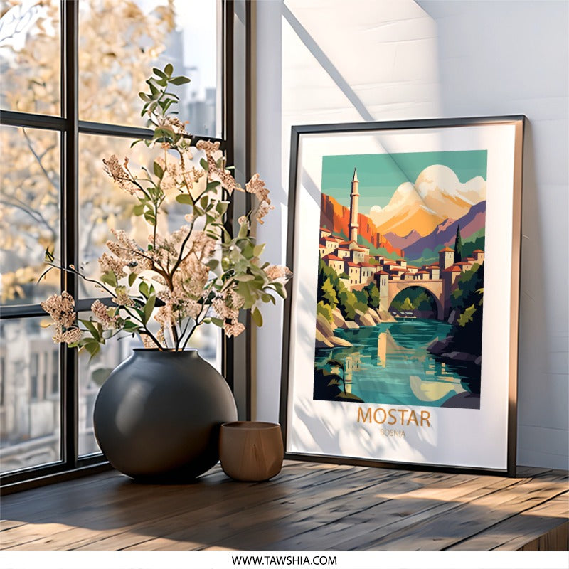 Mostar Bosnia Wall Art, Old Bridge Print, Europe Travel Poster, Cityscape Artwork, Architectural Painting, Modern Home Decor - Tawshia