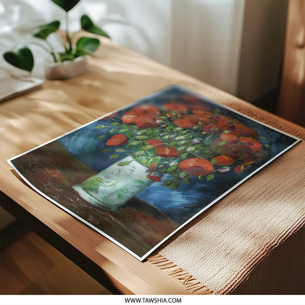 Red Poppies Photographic Print, Floral Art, Flower Still Life, Impressionist Painting, Vase of Flowers, Botanical Wall Decor - Tawshia