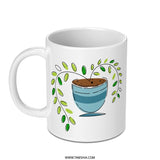 Blue Bowl Plant Mug, Ceramic Coffee Cup, Green Leaves Gift, Nature Lover Drinkware, Cute Kitchen Decor, Unique Tea Mug, Minimalist Design - Tawshia