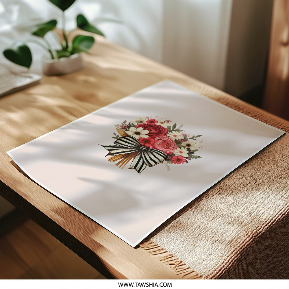 Floral Bouquet Photographic Prints, Red Roses Art, Striped Bow Decor, Elegant Flower Art, Wedding Decor, Home Decor, Gift Idea - Tawshia