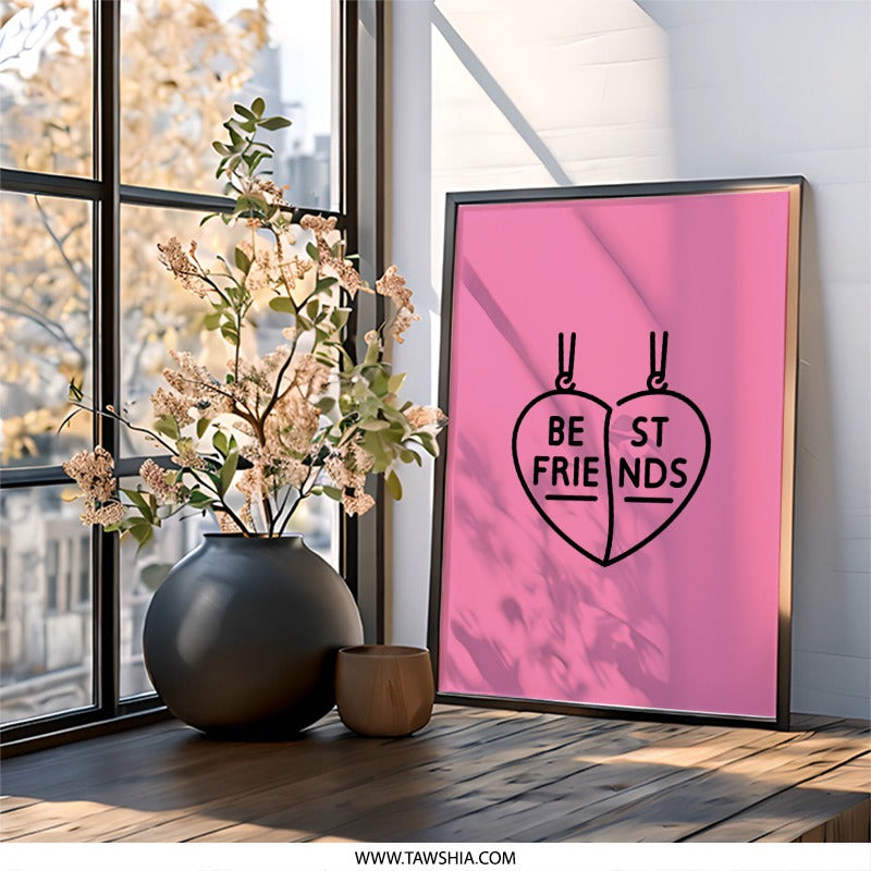 Best Friends Heart Wall Art, Pink Room Decor, Friendship Gift, Matching Wall Decor, Heart Art Print, Bestie Gift Idea, Unique Art - Tawshia