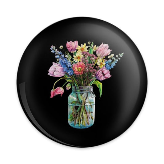 Floral Bouquet Pinback Button, Pink Tulips, Wildflowers, Mason Jar Flowers, Pretty Flower Button, Gift for Her, Cute Floral Pins - Tawshia