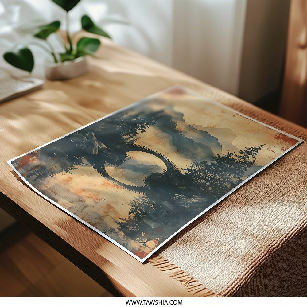 Landscape Photographic Print, Bridge Reflection Art, Mountain Forest Scene, Nature Wall Decor, Rustic Fine Art Print - Tawshia