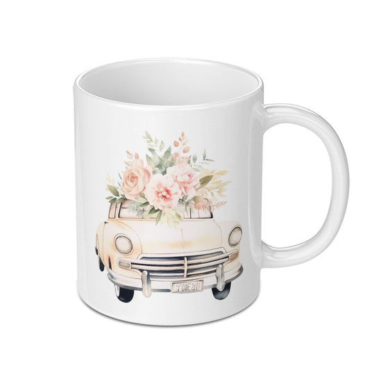 Floral Car Mug, Classic Car Design, Flower Bouquet Mug, Aesthetic Mug, Cute Coffee Mug, Unique Gift Idea, Vintage Car Lover Mug - Tawshia