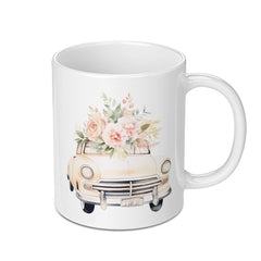 Floral Car Mug, Classic Car Design, Flower Bouquet Mug, Aesthetic Mug, Cute Coffee Mug, Unique Gift Idea, Vintage Car Lover Mug - Tawshia