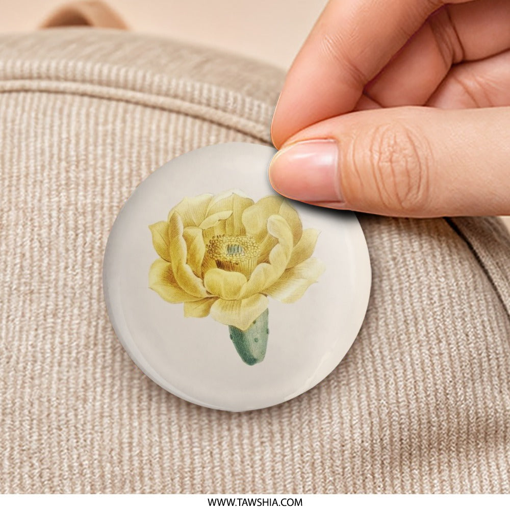 Prickly Pear Flower Pinback Button, Floral Illustration Button, Botanical Art Pin Button, Yellow Flower Lapel Pin, Cactus Flower Button - Tawshia