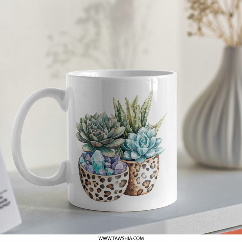 Succulent Mug, Leopard Print Mug, Crystal Mug, Plant Lover Gift, Aesthetic Mug, Unique Mug Design, Coffee Mug Gift Idea (139) - Tawshia